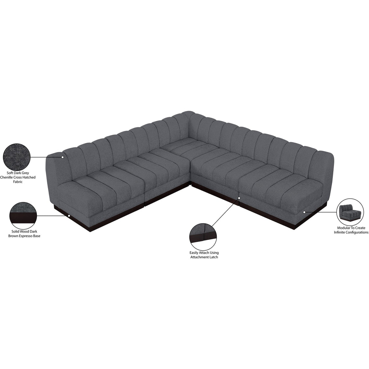 Quinn 98in Grey Chenille Fabric Upholstered 5 Piece Modular Sectional Sofa