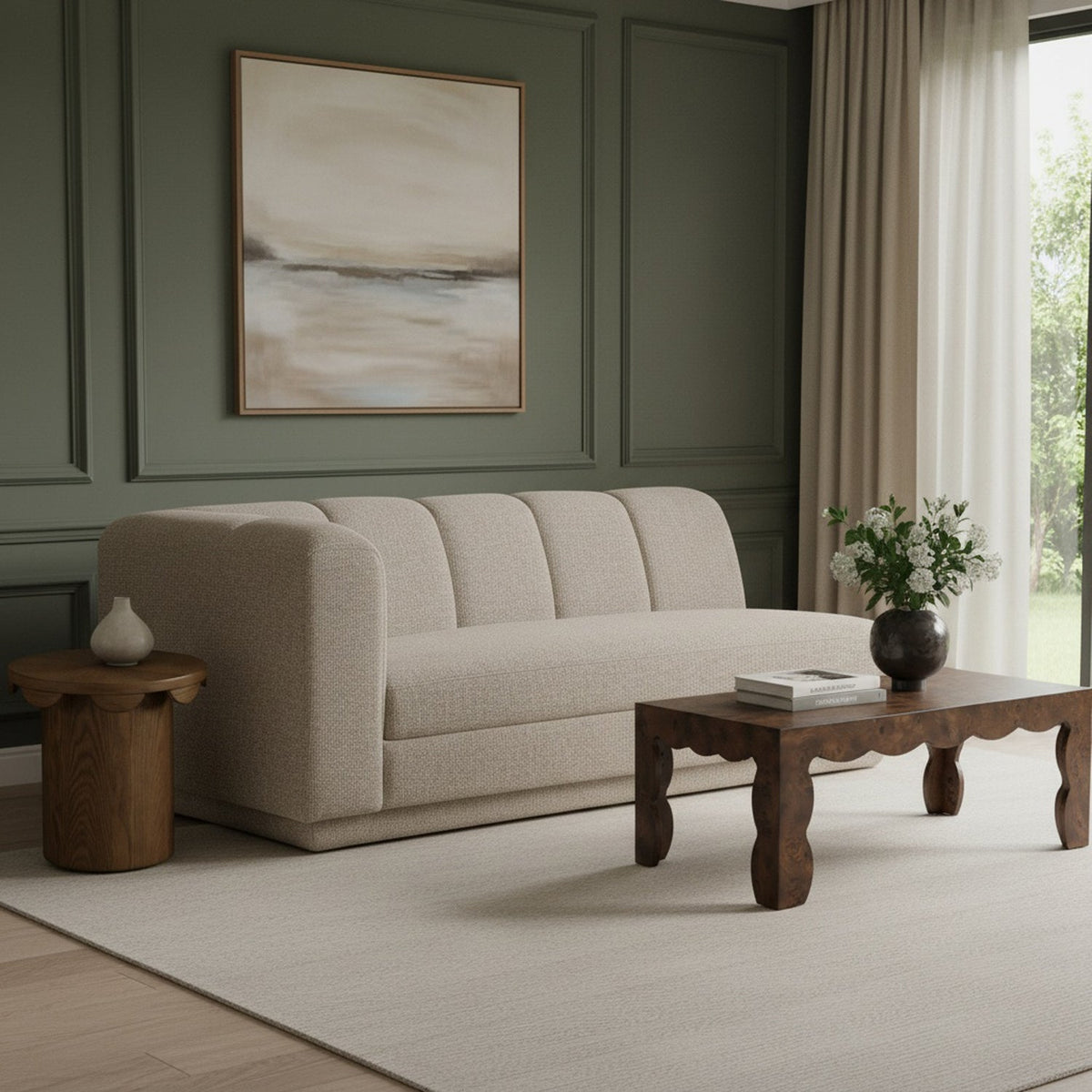 Modari 76.75in Beige Fabric Upholstered Left Arm Sofa