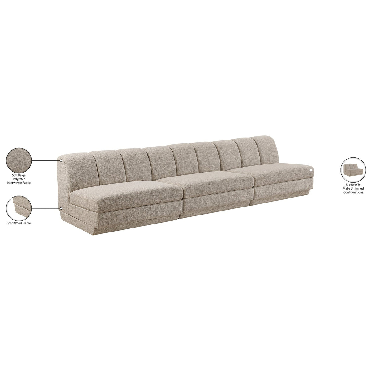 Modari Beige Fabric Upholstered 3 Piece Modular Sofa