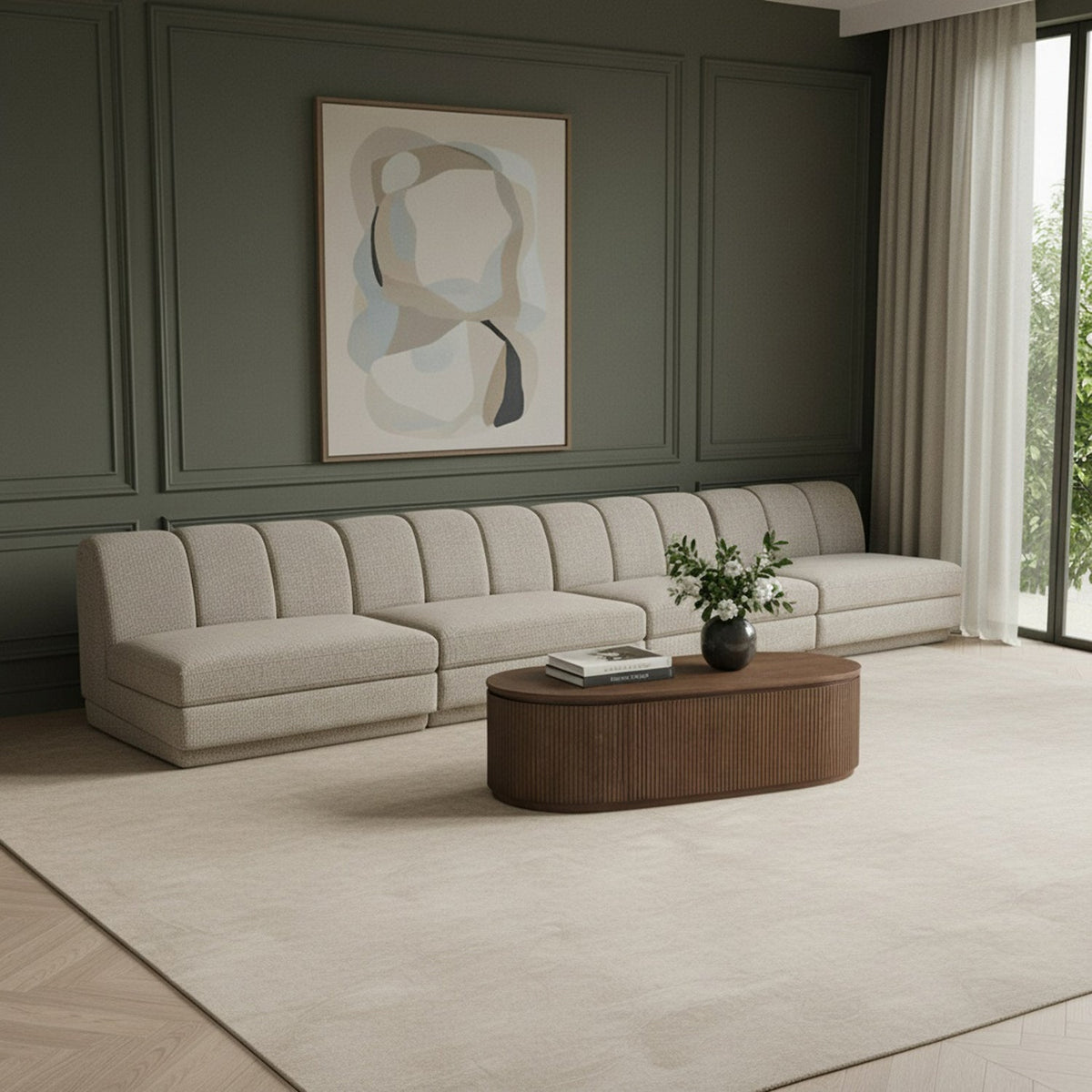 Modari Beige Fabric Upholstered 4 Piece Modular Sofa