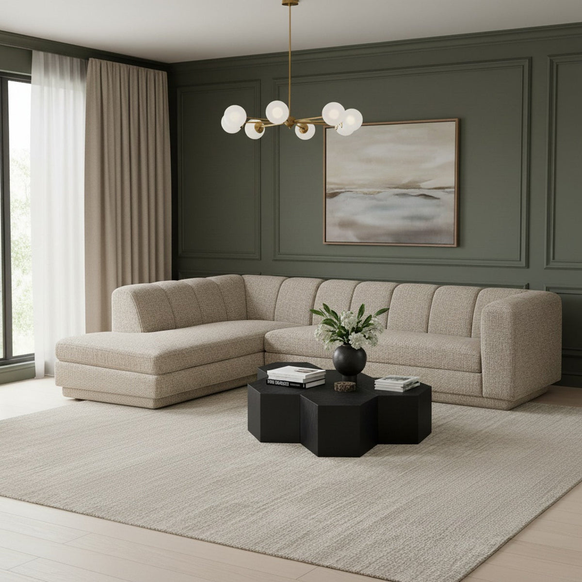 Modari Beige Fabric Upholstered 2 Piece Modular Sectional Sofa