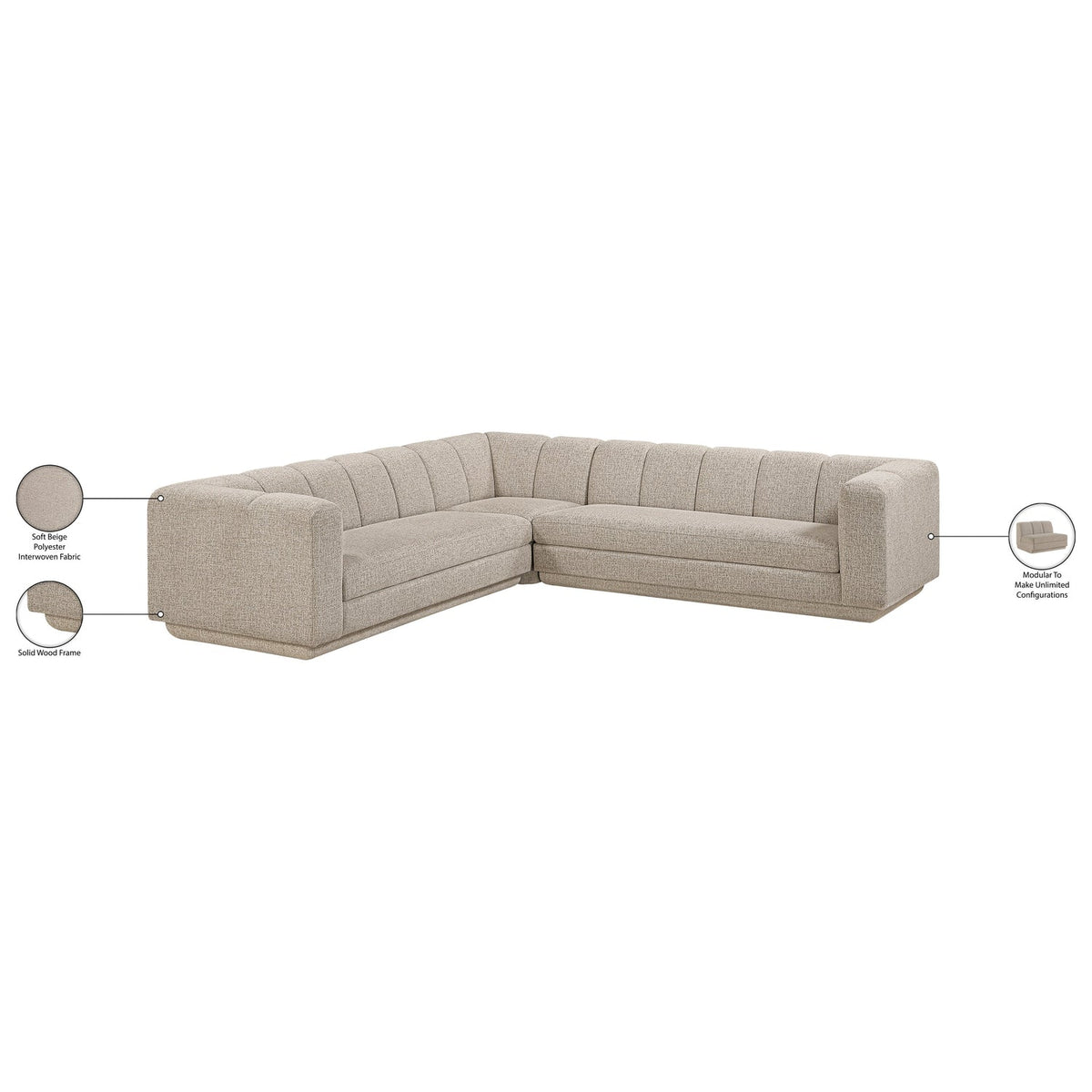 Modari Beige Fabric Upholstered 3 Piece Modular Sectional Sofa