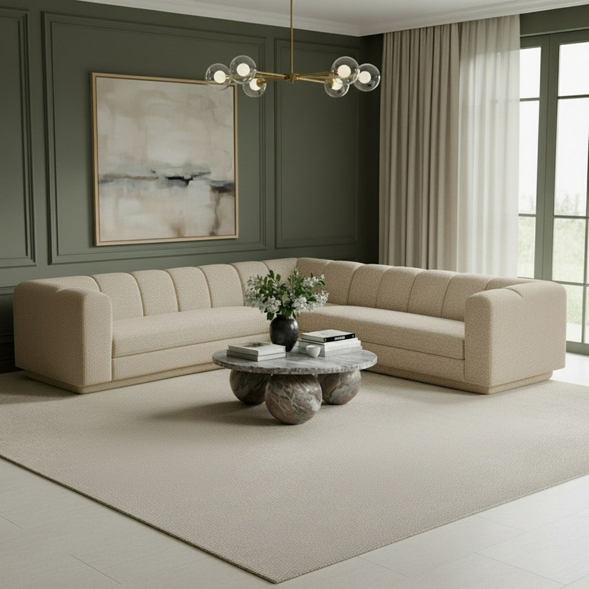 Modari Beige Fabric Upholstered 3 Piece Modular Sectional Sofa