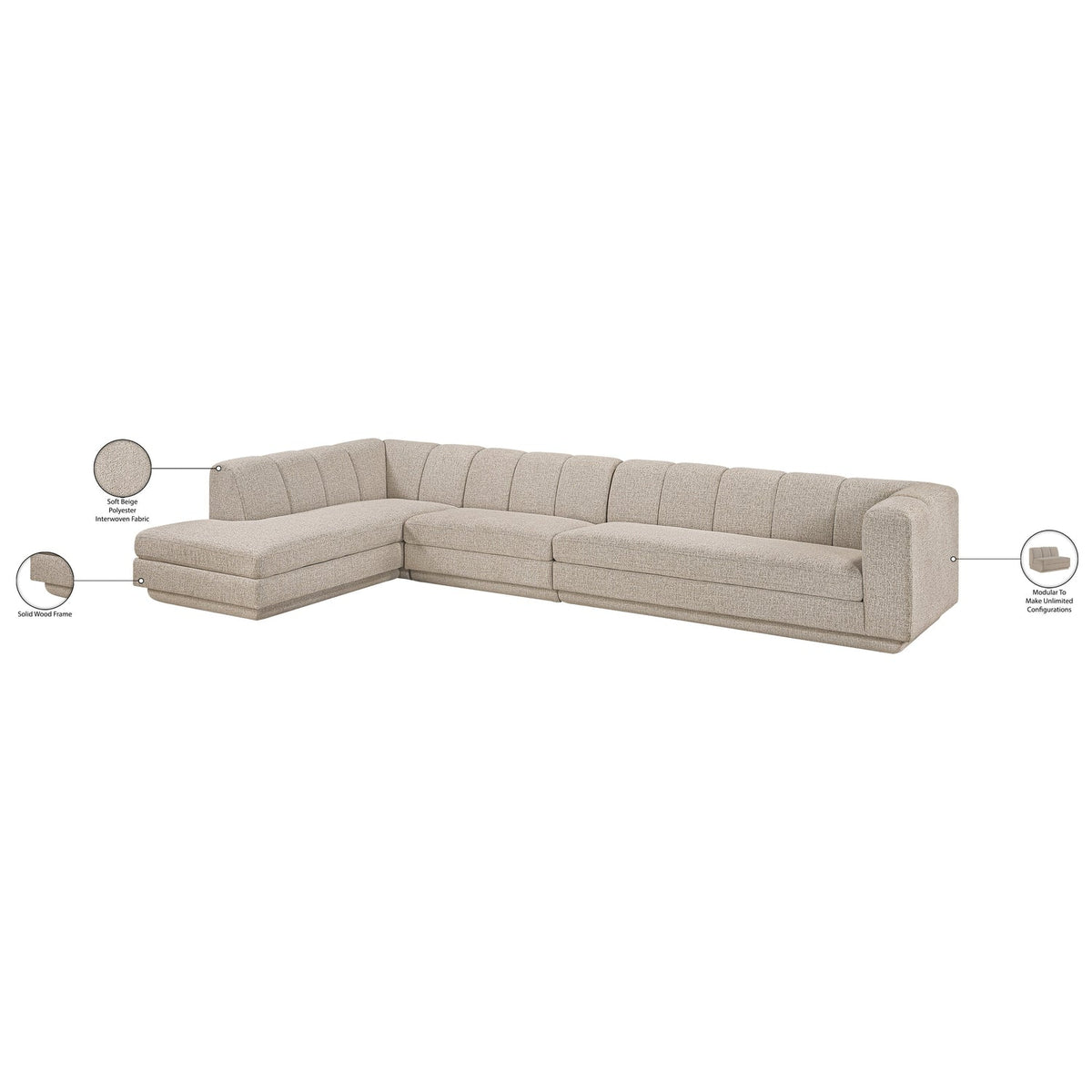 Modari Beige Fabric Upholstered 3 Piece Modular Sectional Sofa