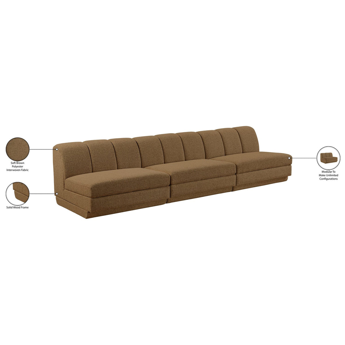 Modari Brown Fabric Upholstered 3 Piece Modular Sofa