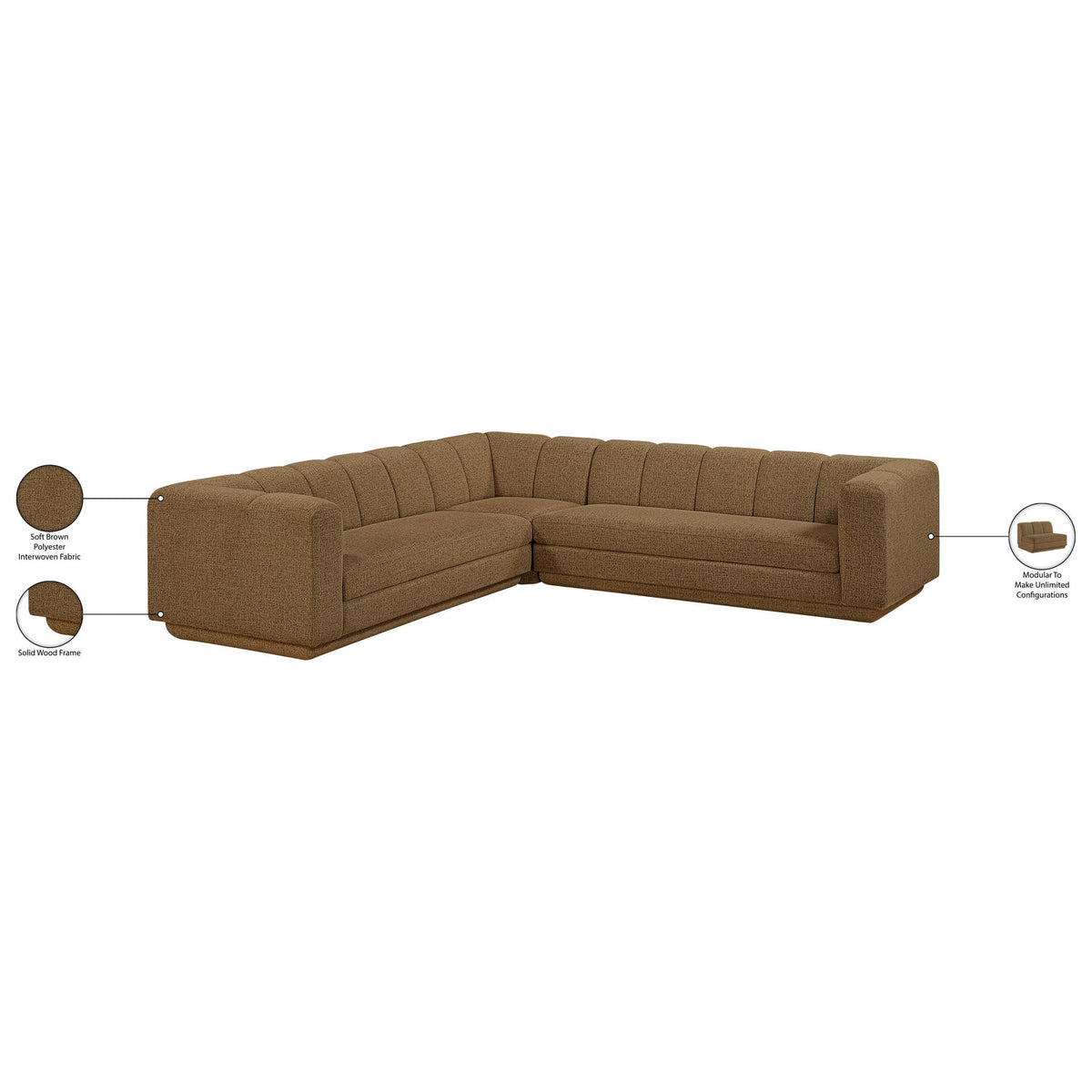 Modari Brown Fabric Upholstered 3 Piece Modular Sectional Sofa