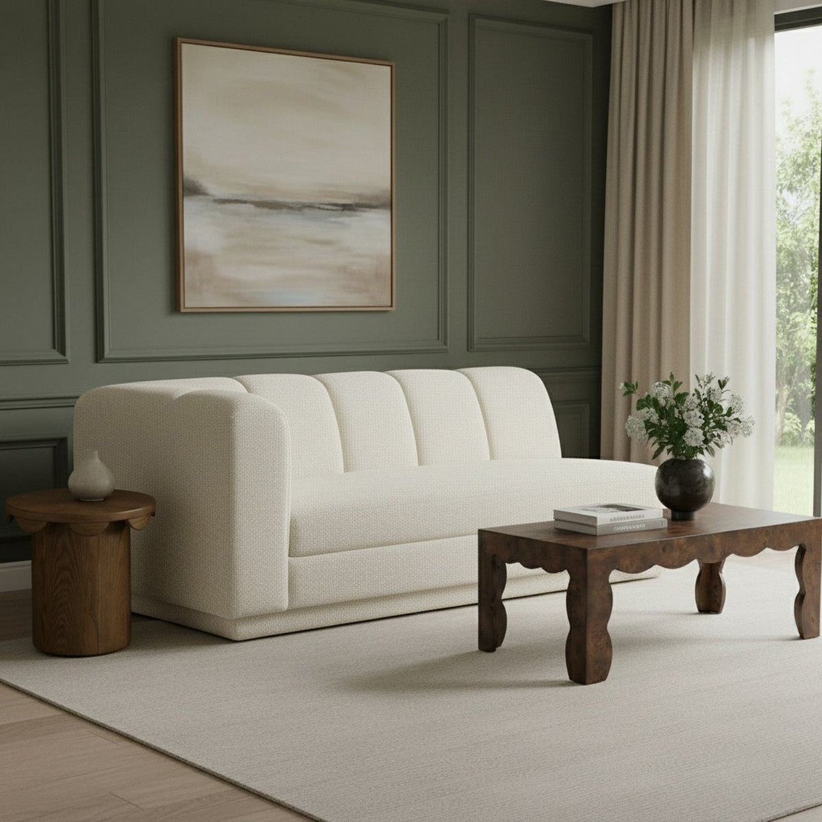 Modari 76.75in Cream Fabric Upholstered Left Arm Sofa