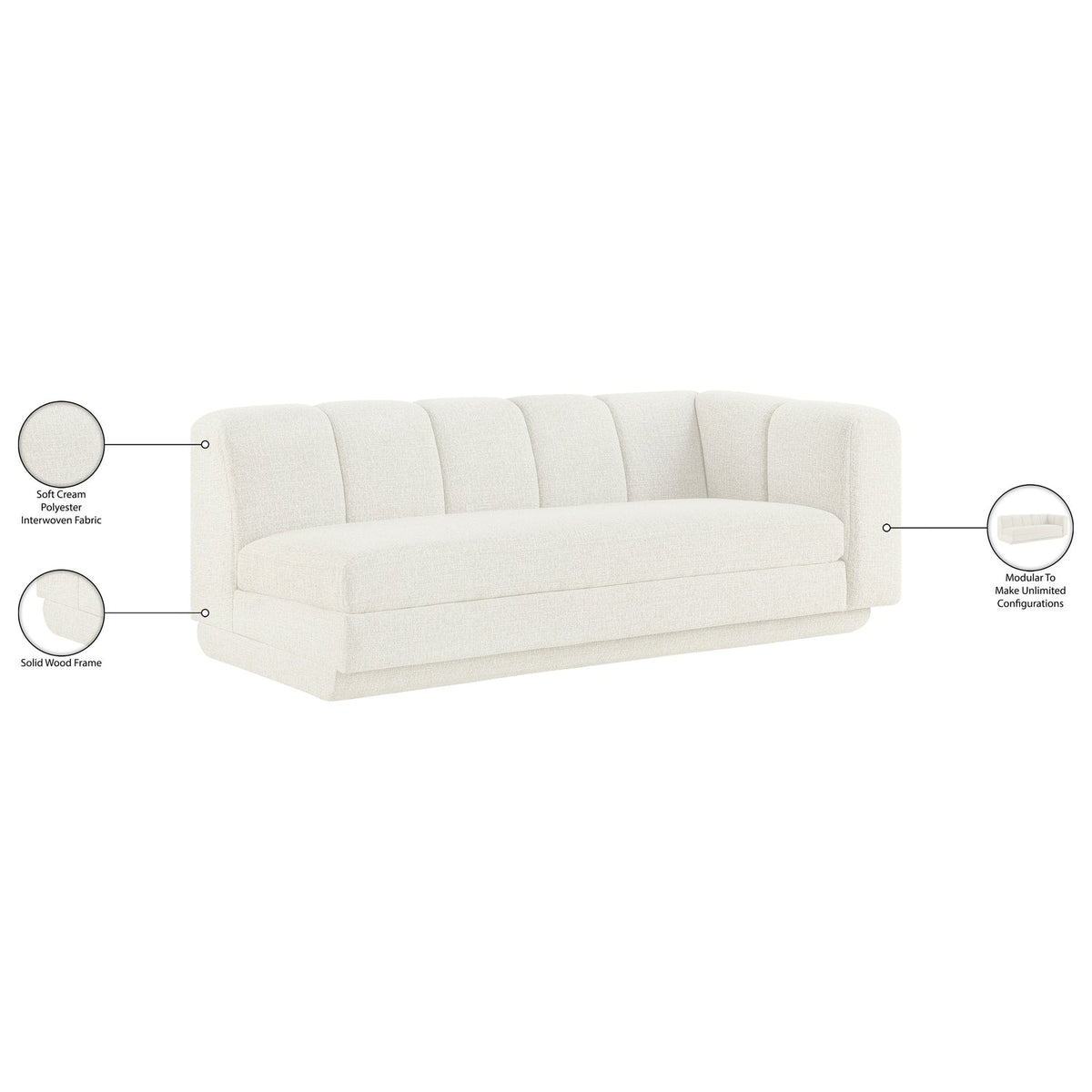 Modari 76.75in Cream Fabric Upholstered Right Arm Sofa