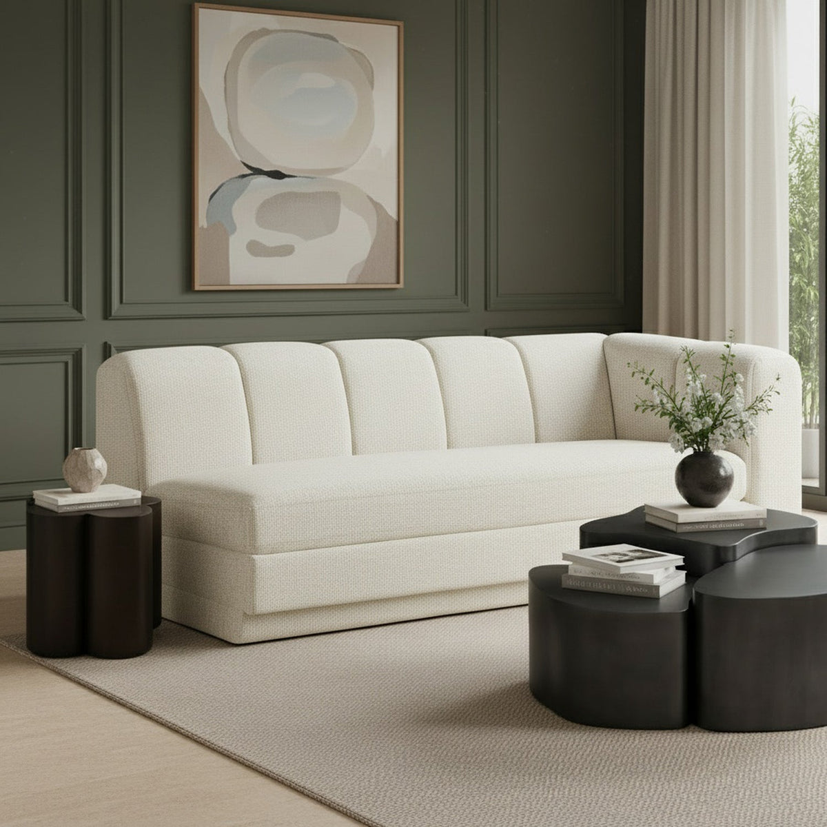Modari 76.75in Cream Fabric Upholstered Right Arm Sofa