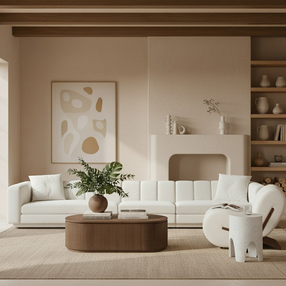 Modari Cream Fabric Upholstered 3 Piece Modular Sofa
