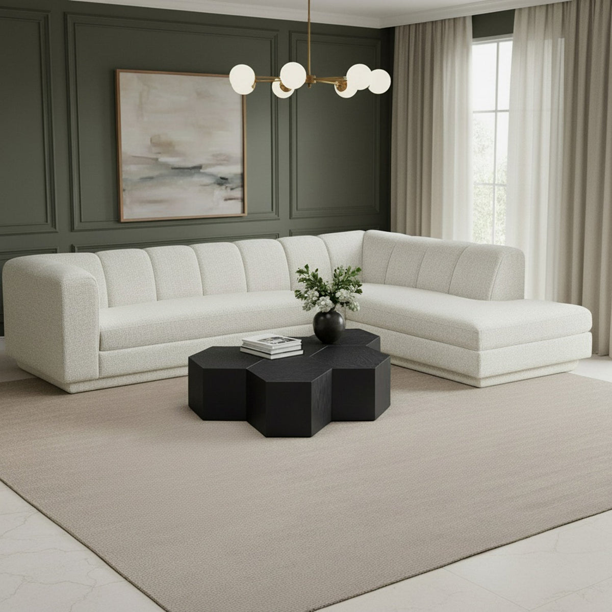 Modari Cream Fabric Upholstered 2 Piece Modular Sectional Sofa