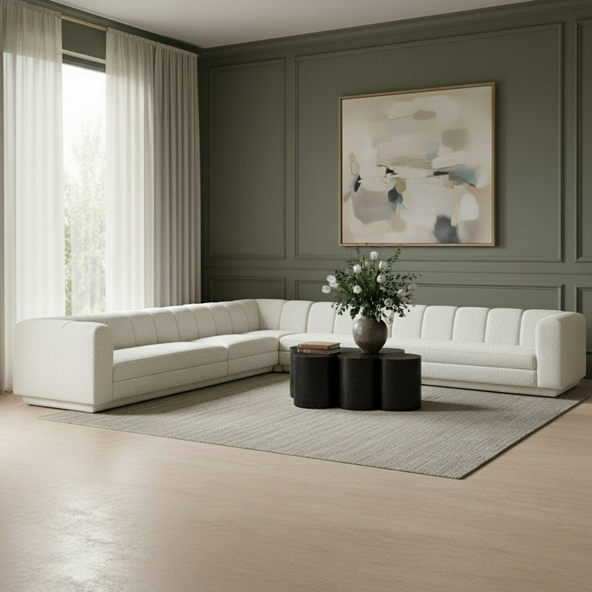 Modari Cream Fabric Upholstered 5 Piece Modular Sectional Sofa