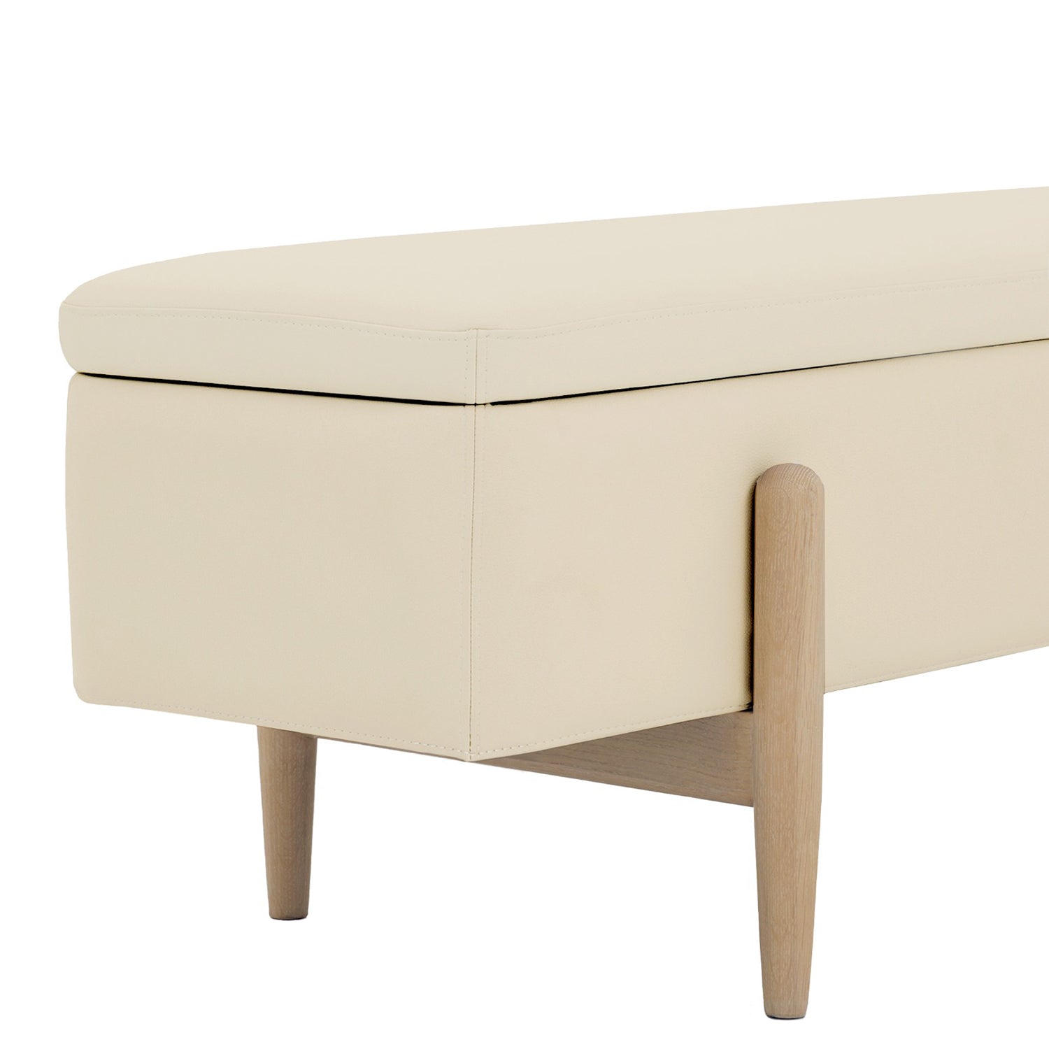 Brynn Acorn Storage Bench in oak Saddle finish, detail of the frame