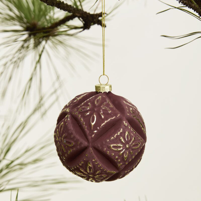 Embossed Velvet Ornament, set of 6 light blue, gray glass ornament, three-quarter angle