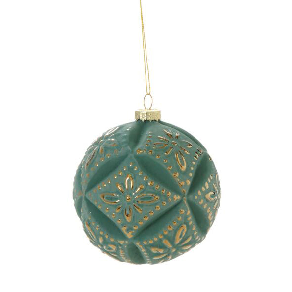 Embossed Velvet Ornament, set of 6 light blue, gray glass ornament, styled on a table