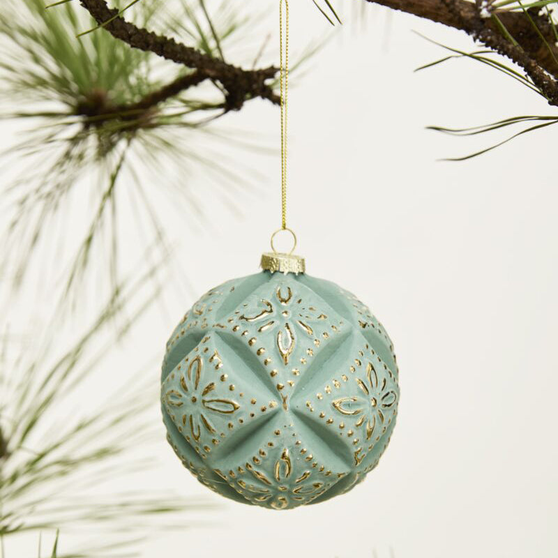 Embossed Velvet Ornament, set of 6 light blue, gray glass ornament, styled on a shelf