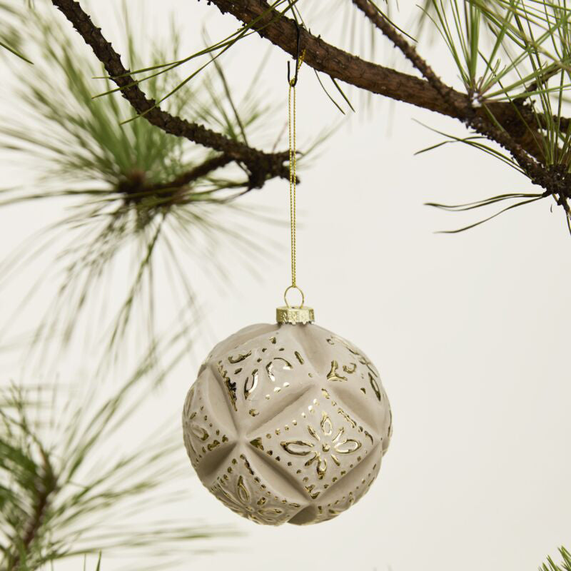Embossed Velvet Ornament, set of 6 light blue, gray glass ornament, shown to scale