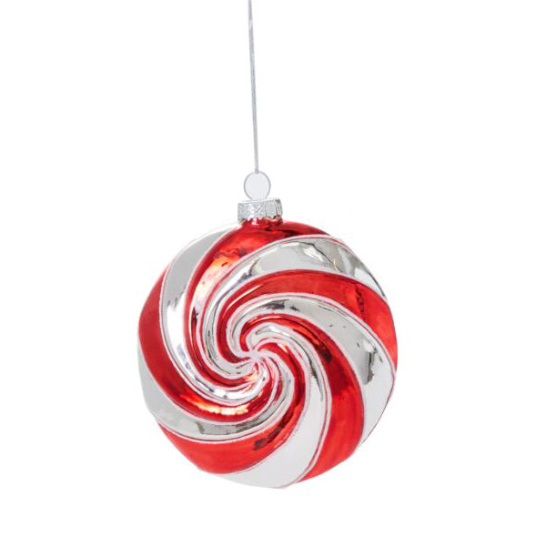 Peppermint Swirl Ornament, set of 6 red glass ornament, styled on a table