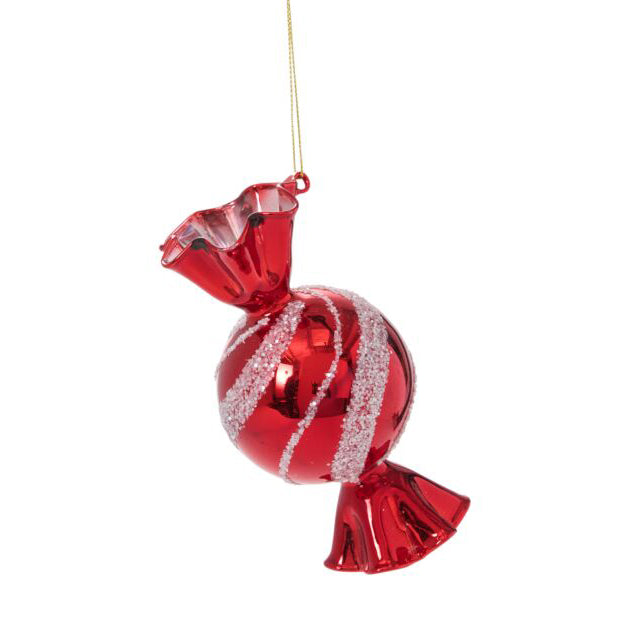 Peppermint Swirl Ornament, set of 6 red glass ornament, styled on a shelf