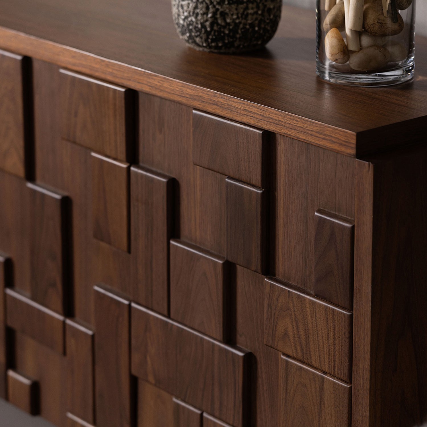 Detail of the Louise Classic Walnut Credenza highlighting the walnut construction