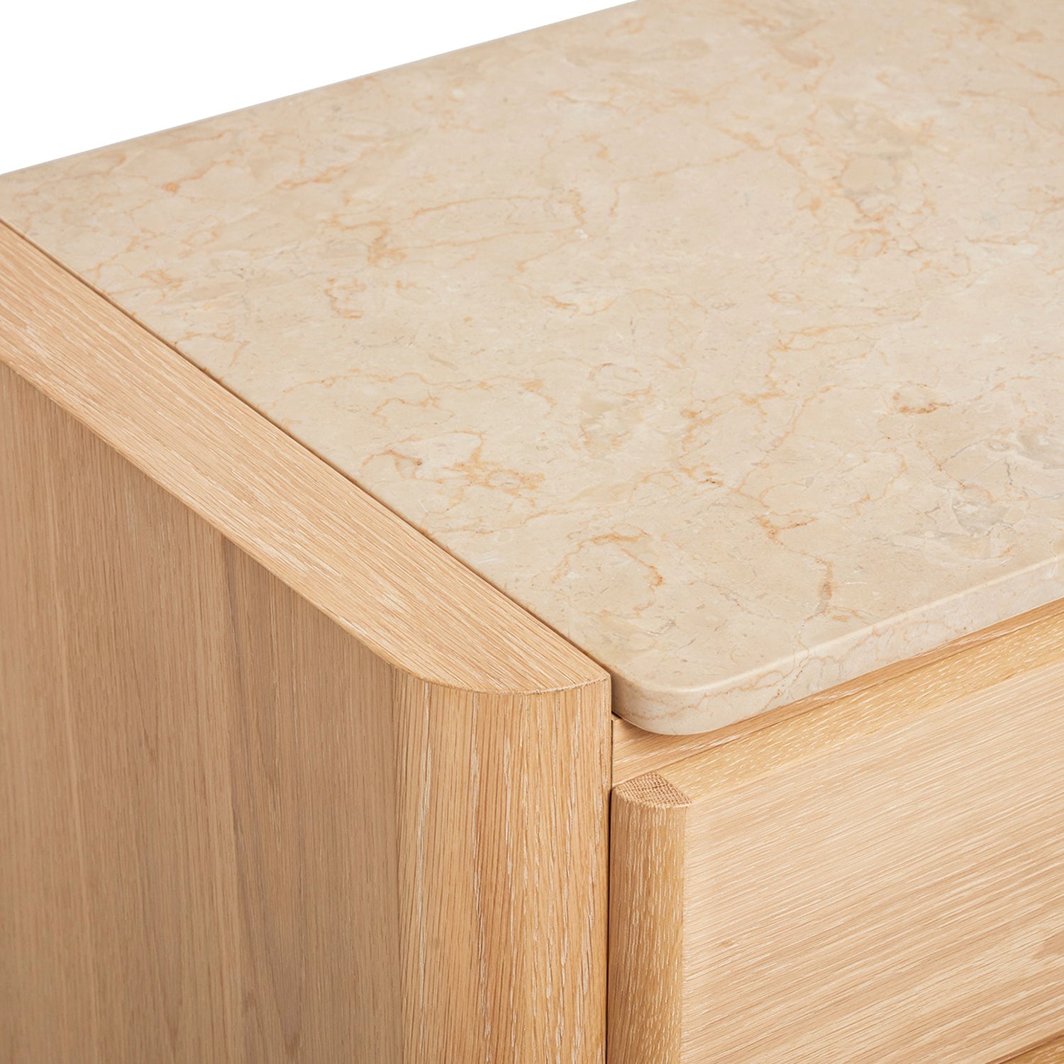 Detail of the Arden 6 Drawer Chest highlighting the oak construction