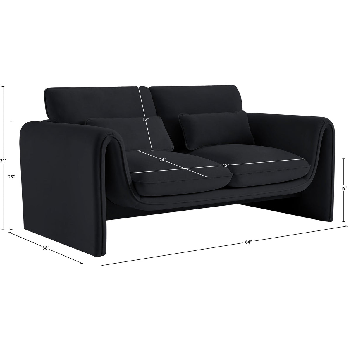 Sloan 64in Black Velvet Upholstered Loveseat