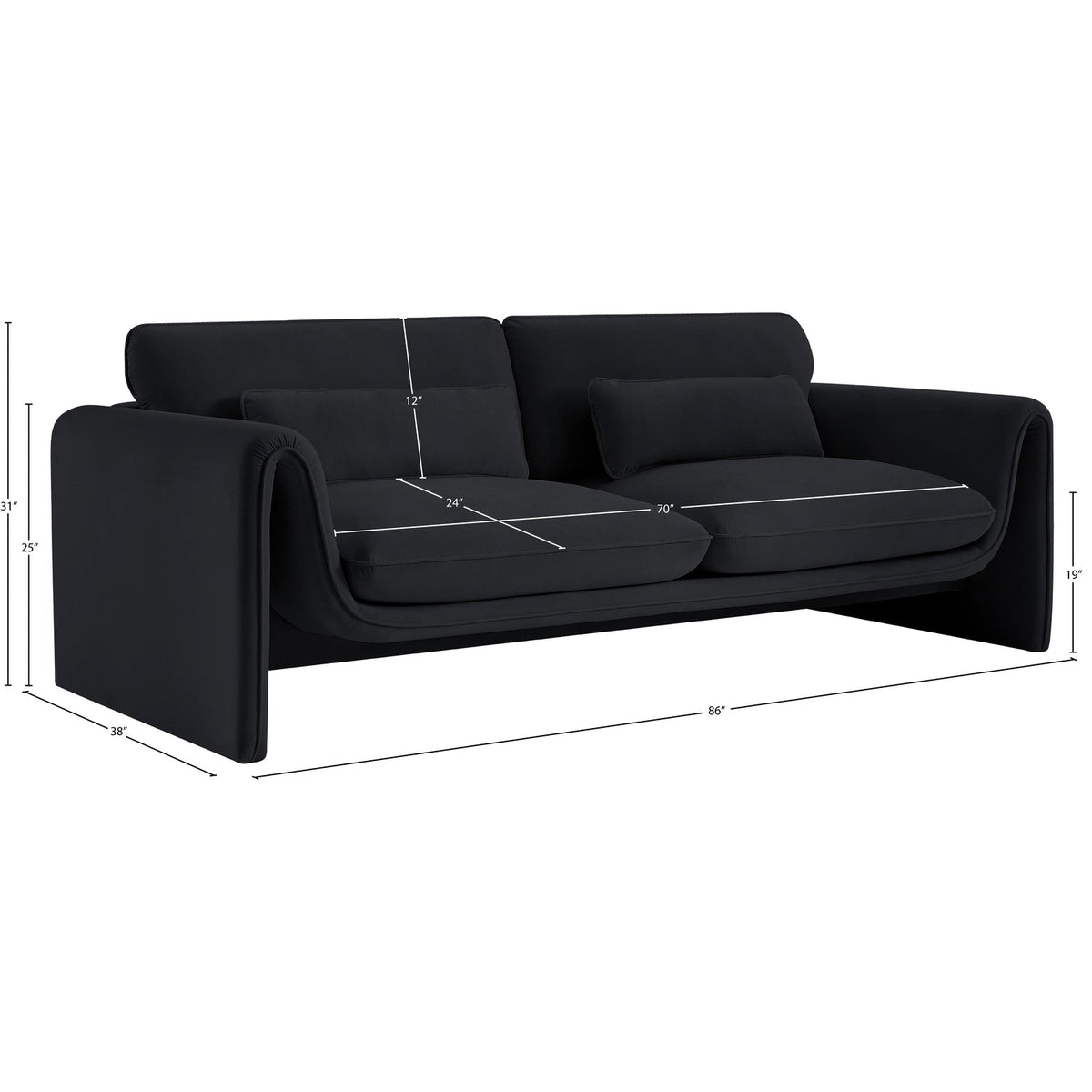Sloan 86in Black Velvet Upholstered Sofa