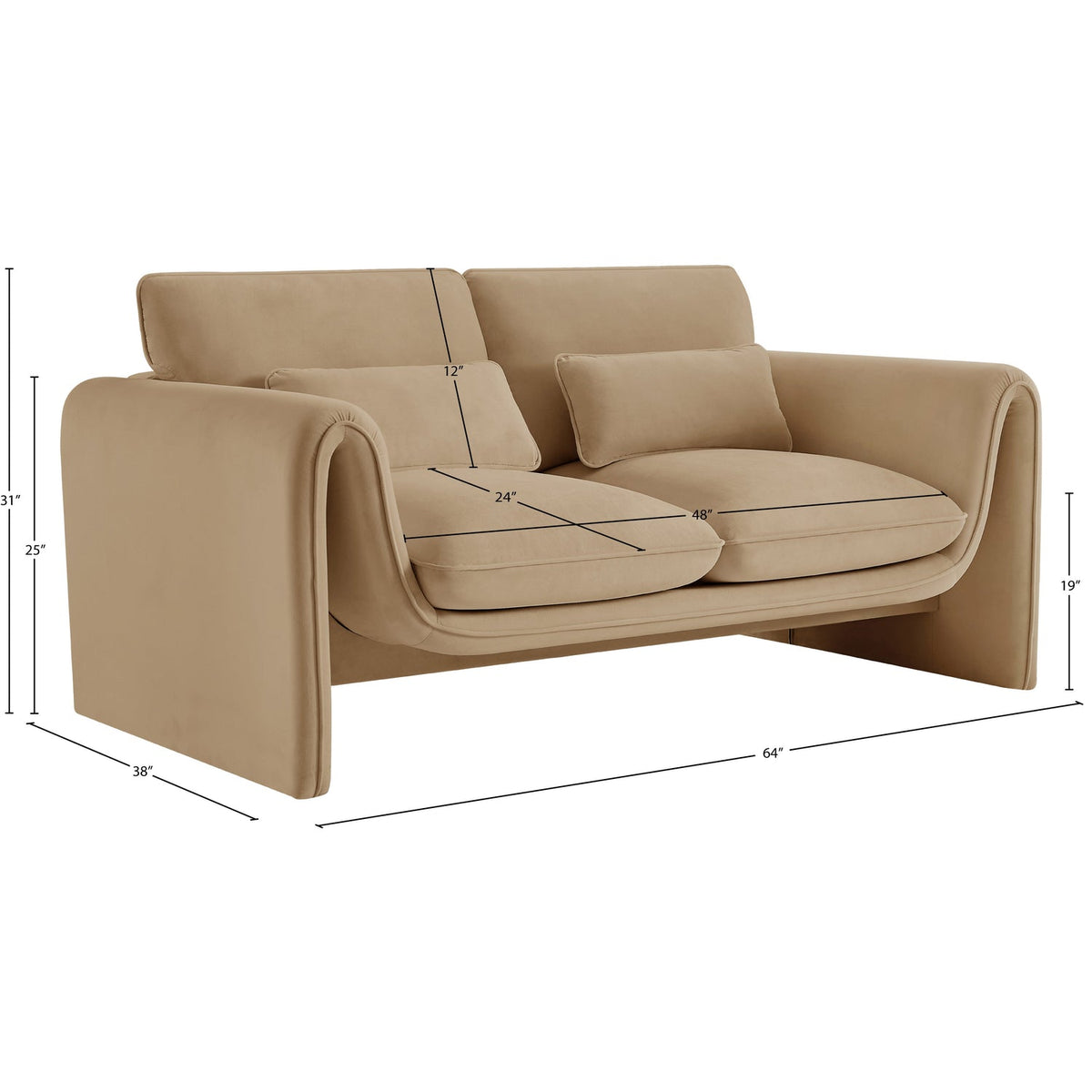 Sloan 6 4in Camel Velvet Upholstered Loveseat