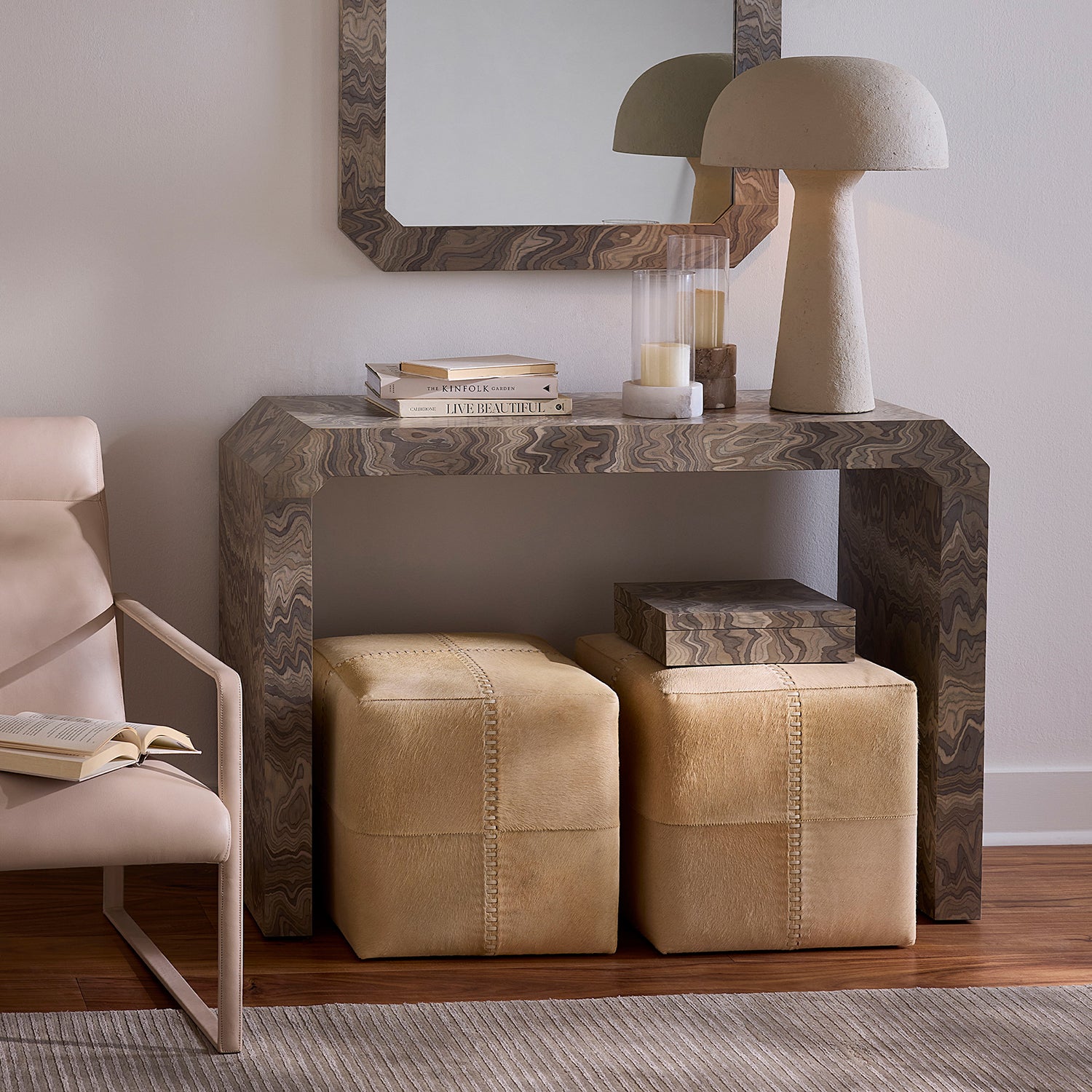 Jamie Young Small Cream Hide Ottoman