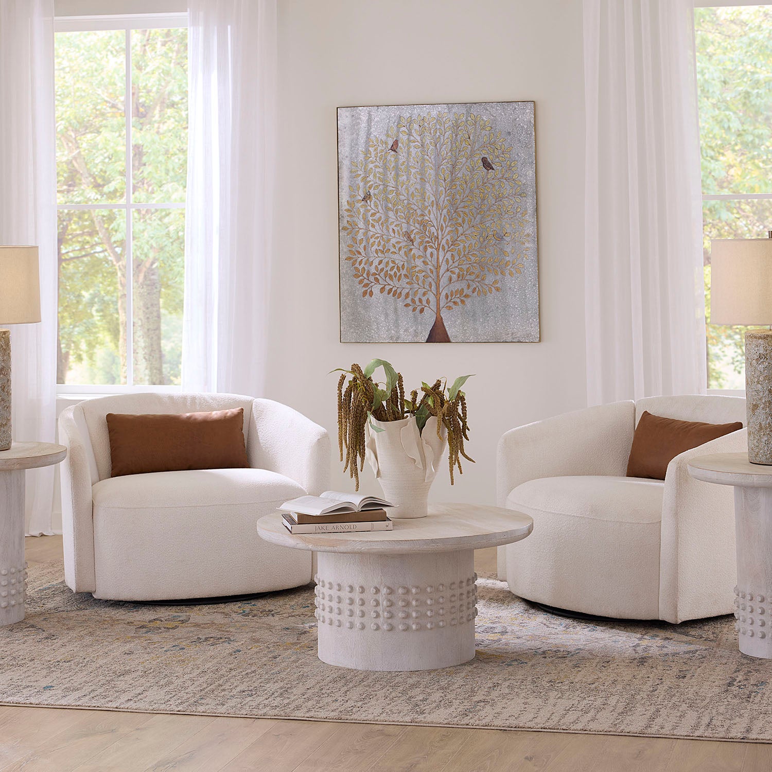 Jamie Young Studded White Washed Coffee Table – styled in a room setting