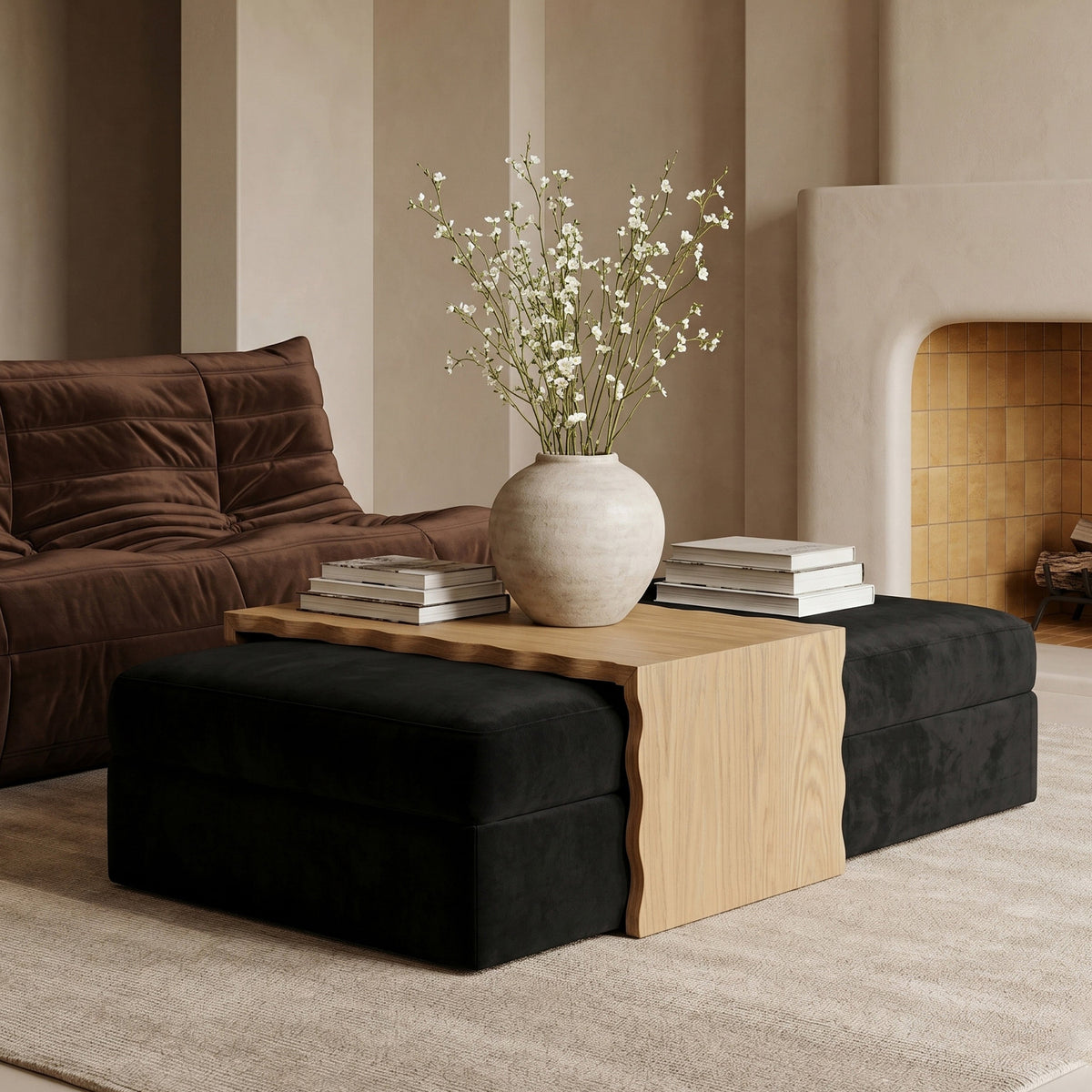 Woodra Black Velvet Upholstered Coffee Table/Ottoman