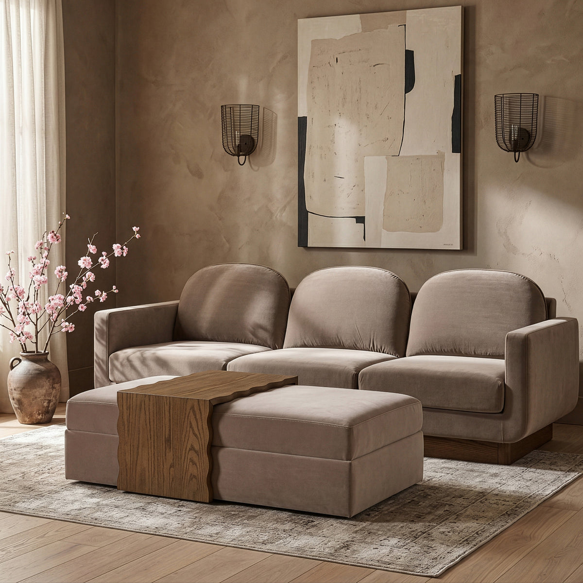 Woodra Taupe Velvet Upholstered Coffee Table/Ottoman