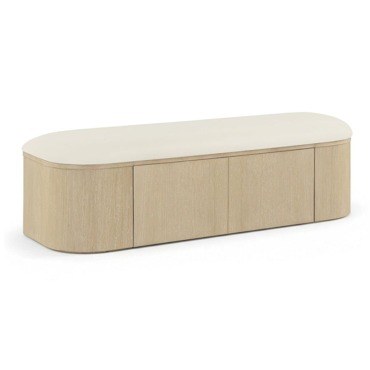 Velden Cream Vegan Leather Upholstered Storage Bench in cream vegan leather, natural cerused base, primary product view