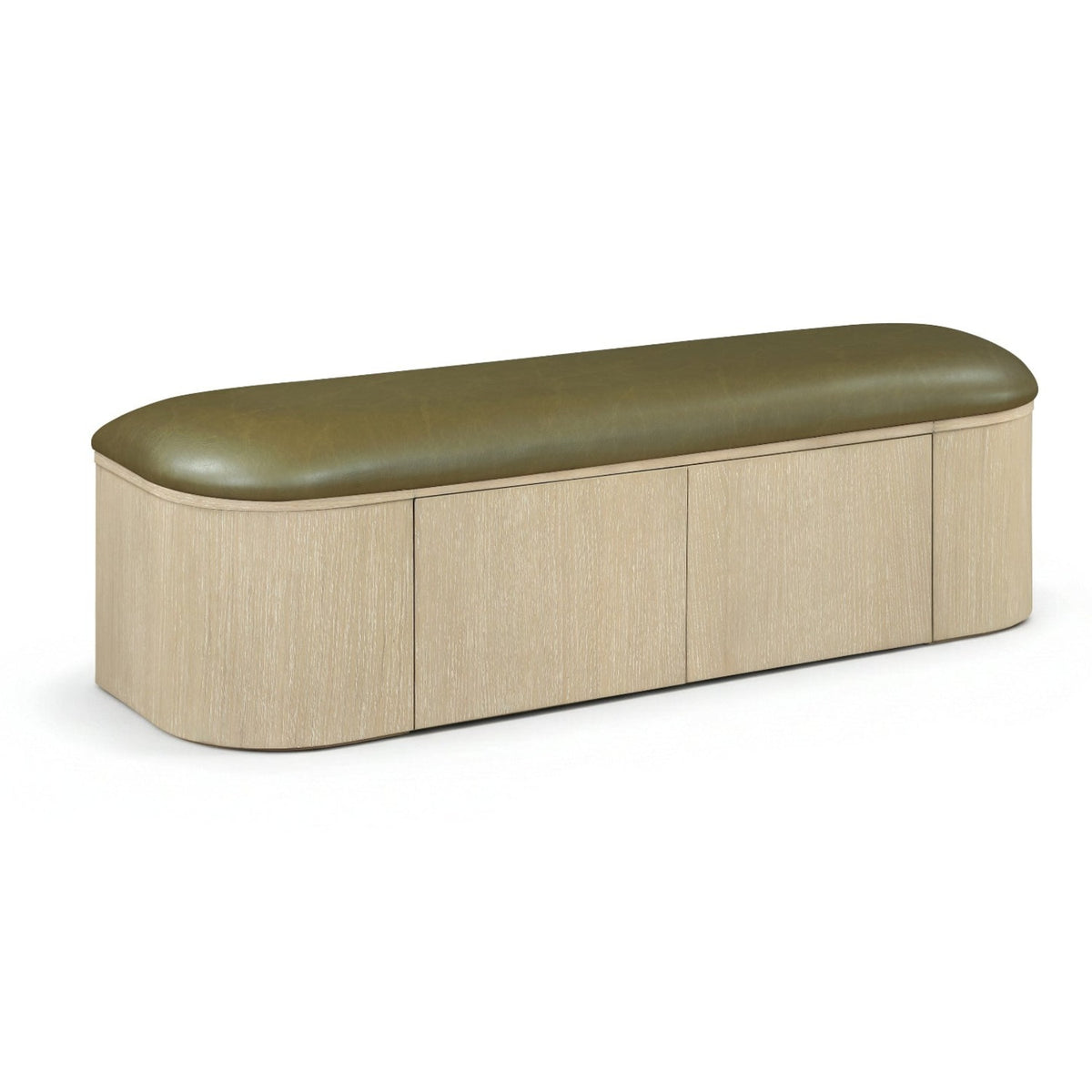 Velden Olive Vegan Leather Upholstered Storage Bench in olive vegan leather, natural cerused base, primary product view