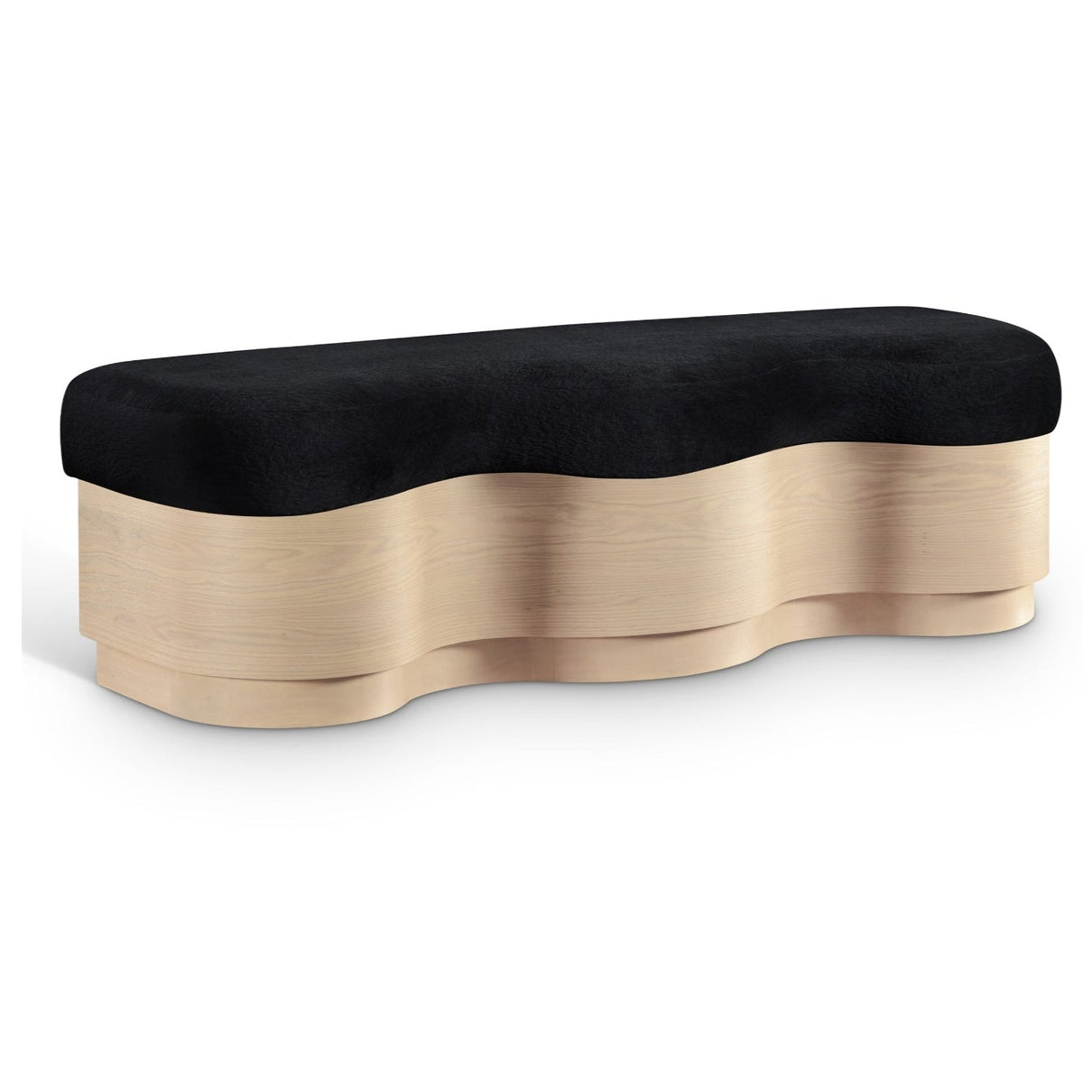 Savoy Black Velour Fur Fabric Upholstered Bench in black velour, natural finish base, primary view