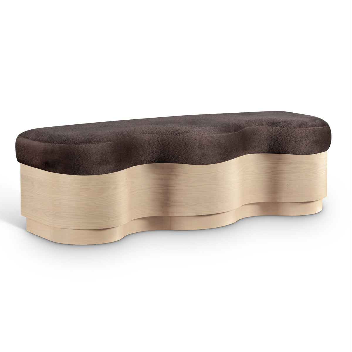 Savoy Brown Velour Fur Fabric Upholstered Bench in brown velour, natural finish base, primary view
