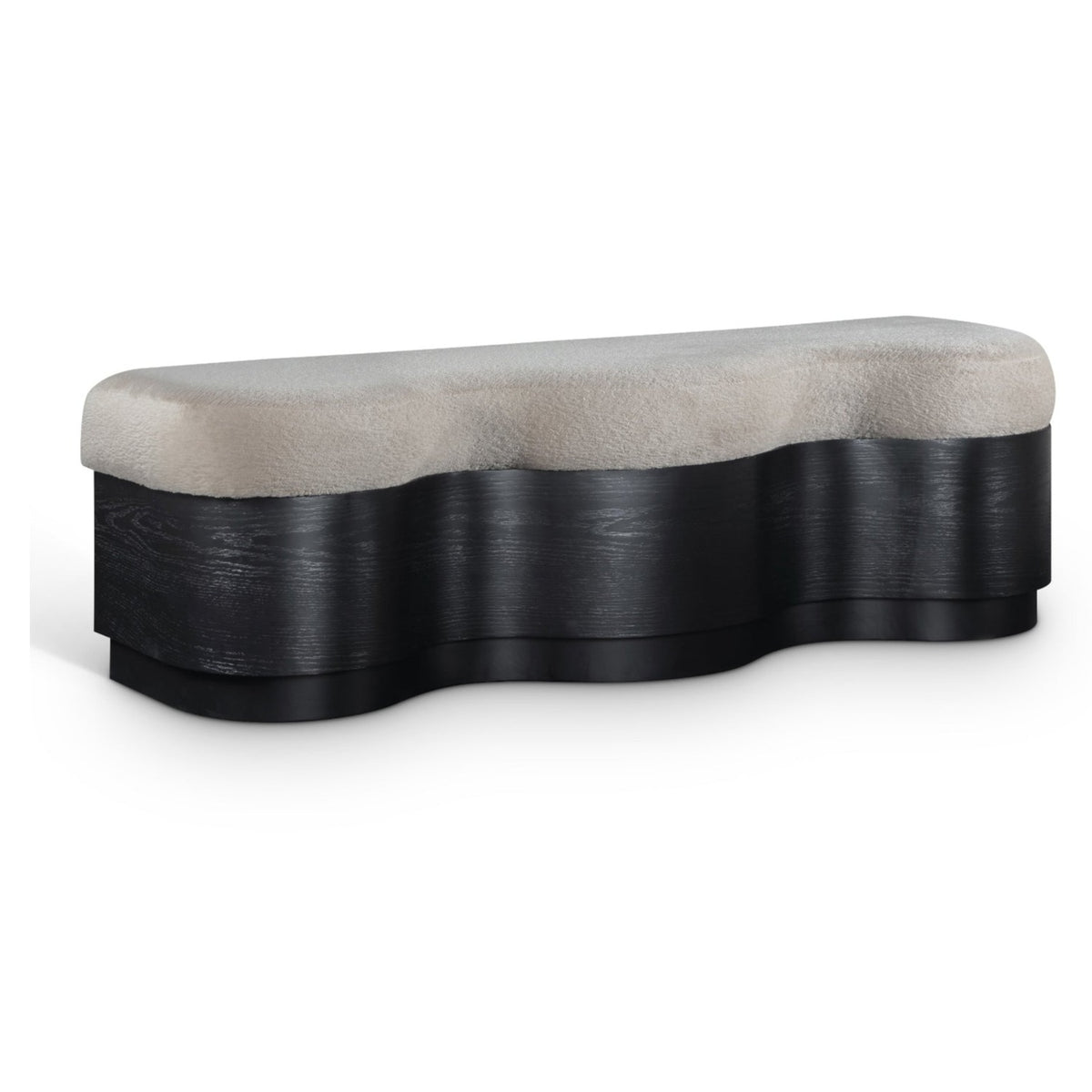 Savoy Beige Velour Fur Fabric Upholstered Bench in beige velour, black finish base, primary view
