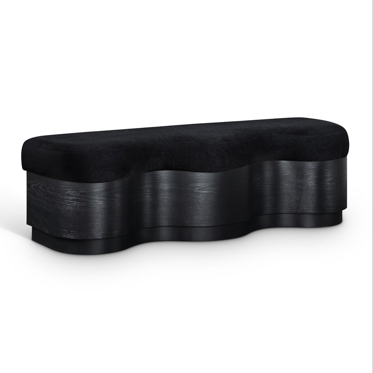 Savoy Black Velour Fur Fabric Upholstered Bench in black velour, black finish base, primary view