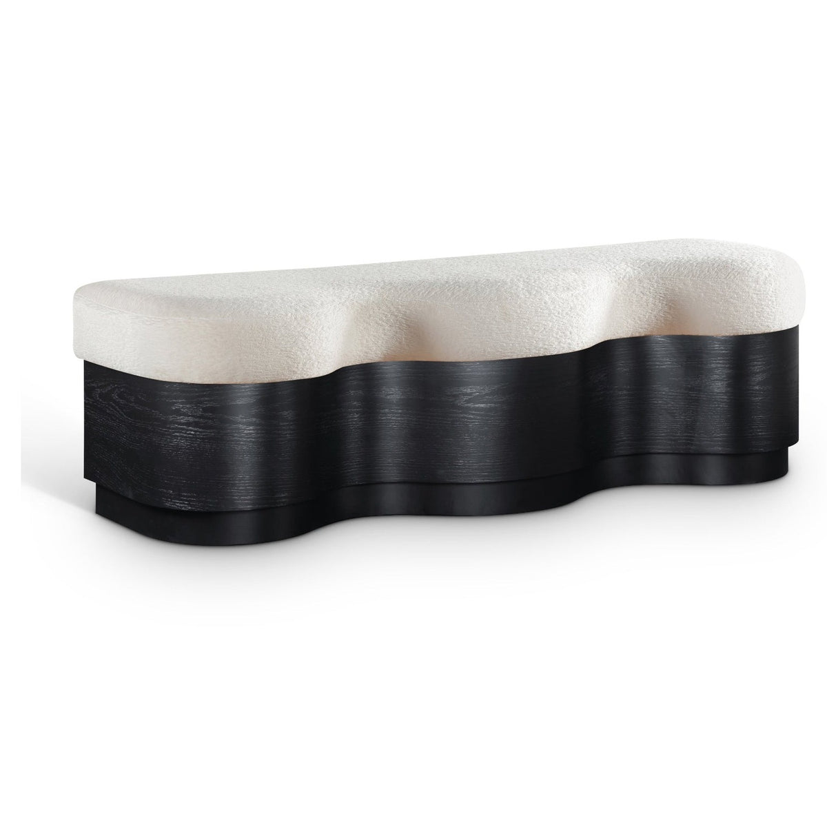 Savoy Cream Velour Fur Fabric Upholstered Bench in cream velour, black finish base, primary view