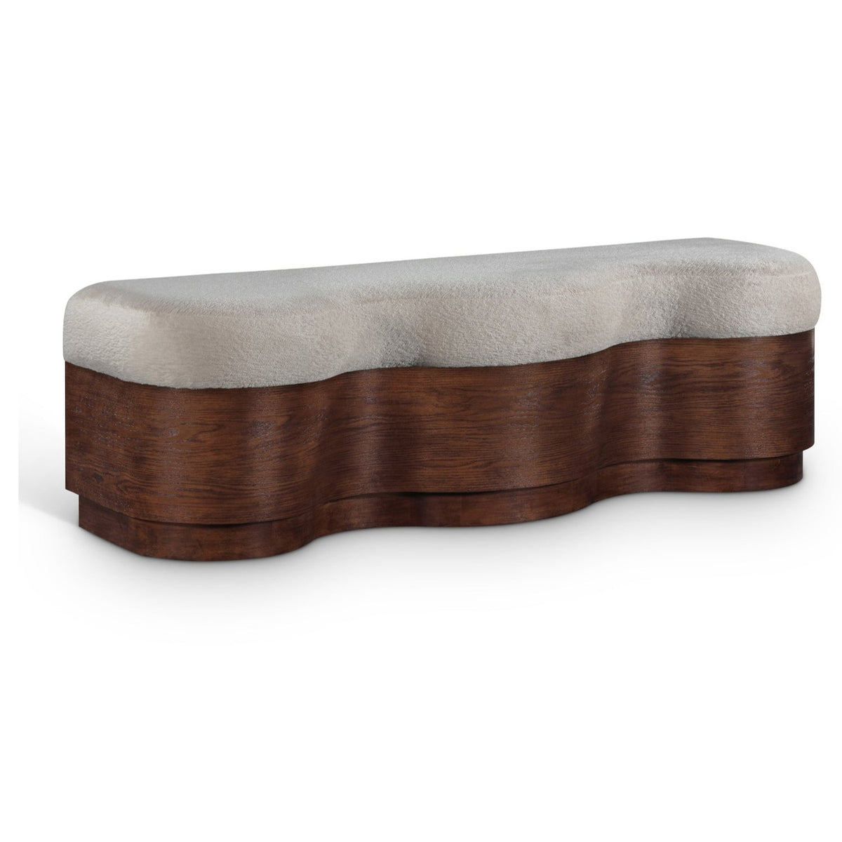 Savoy Beige Velour Fur Fabric Upholstered Bench in beige velour, brown walnut base, primary view