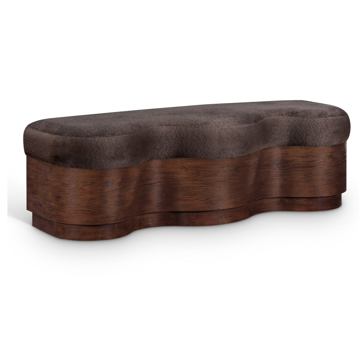 Savoy Brown Velour Fur Fabric Upholstered Bench in brown velour, brown walnut base, primary view