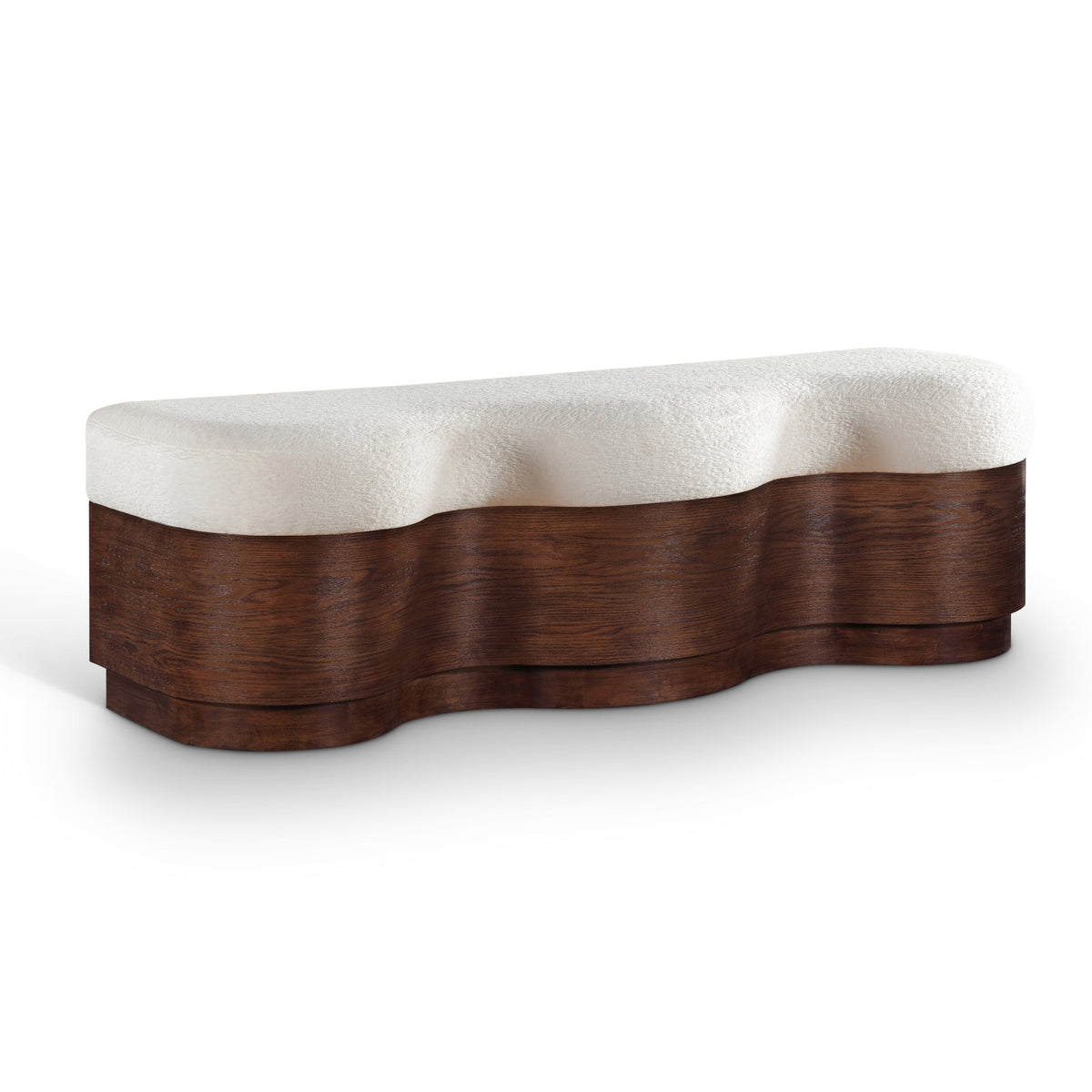 Savoy Cream Velour Fur Fabric Upholstered Bench in cream velour on walnut oak base, primary product view