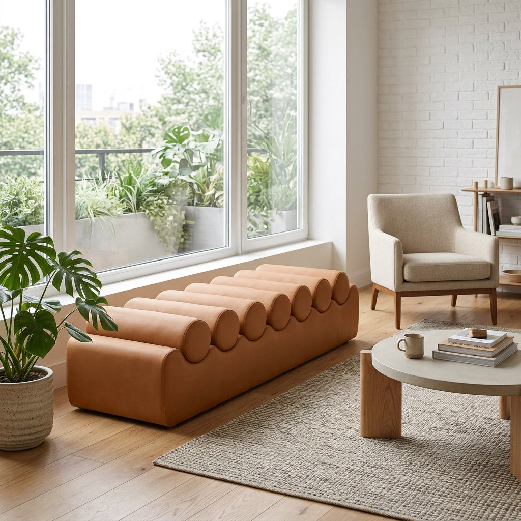 Rumble Cognac Vegan Leather Upholstered Bench