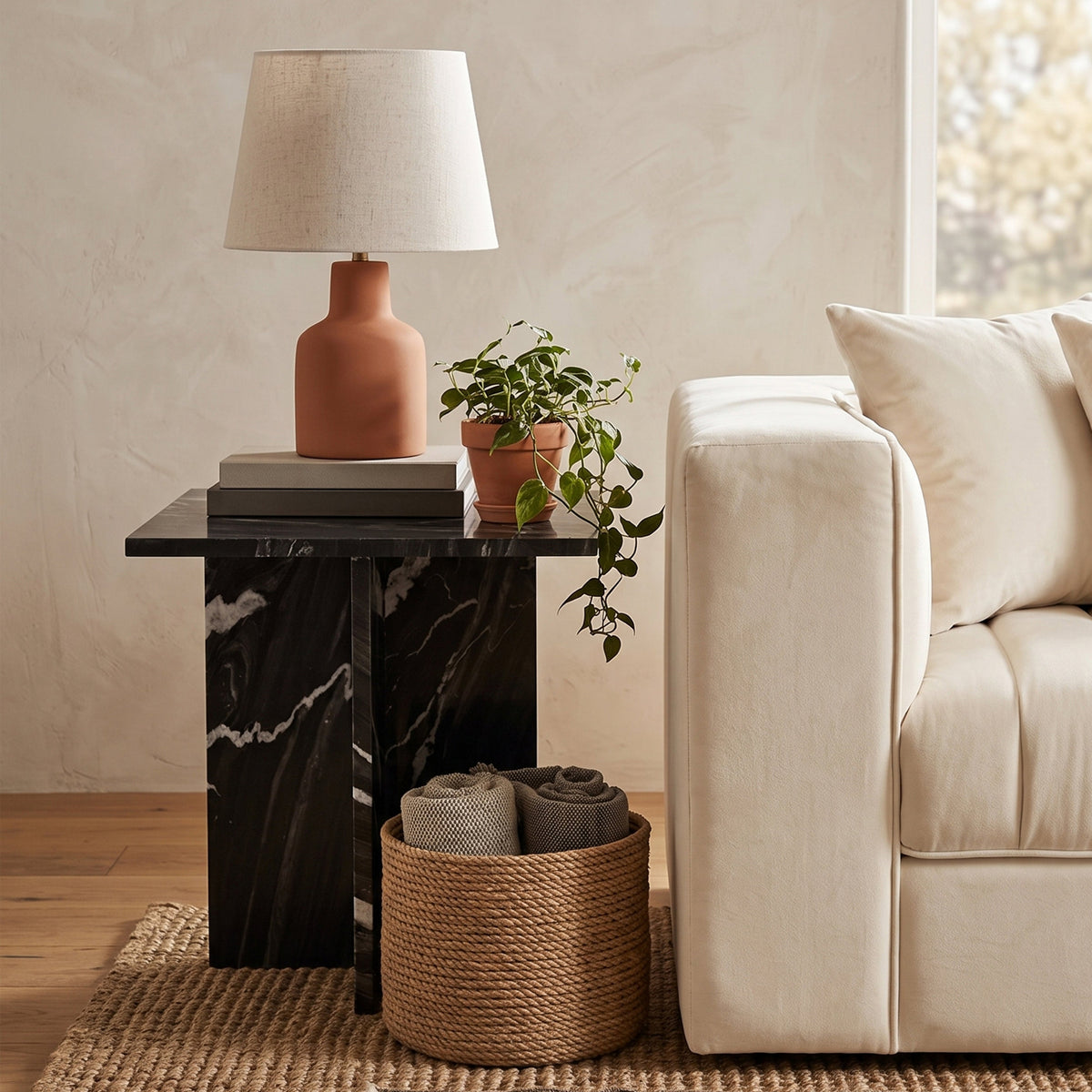 Verona Black Genuine Marble End Table Set of 2