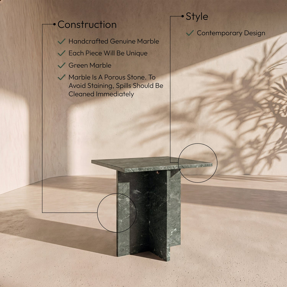 Verona Green Genuine Marble End Table Set of 2