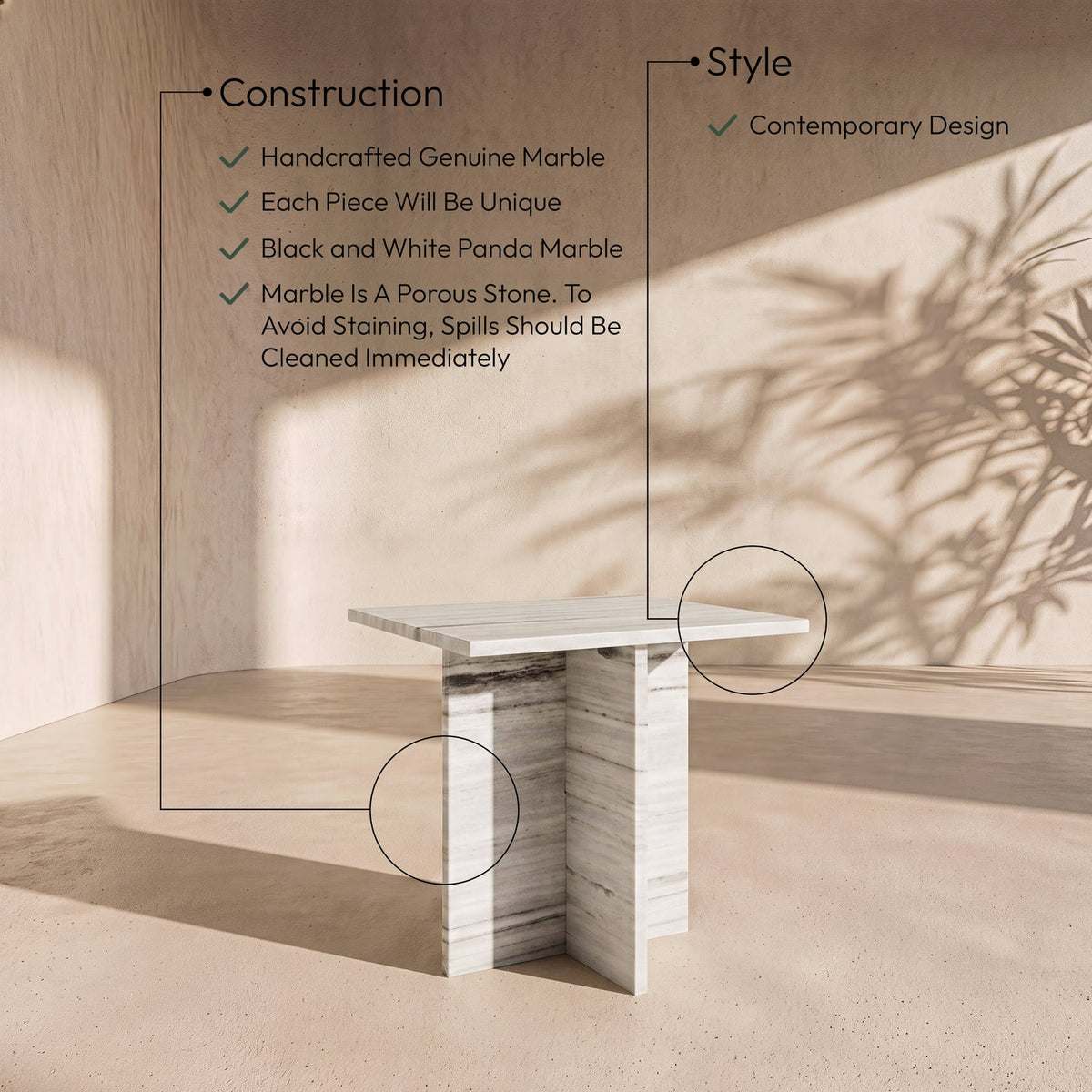 Verona Panda Genuine Marble End Table Set of 2