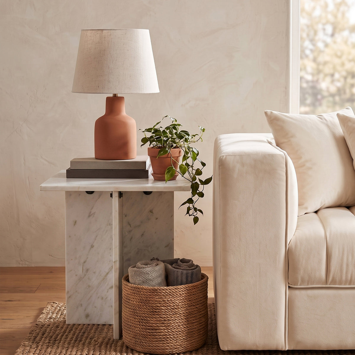 Verona White Genuine Marble End Table Set of 2