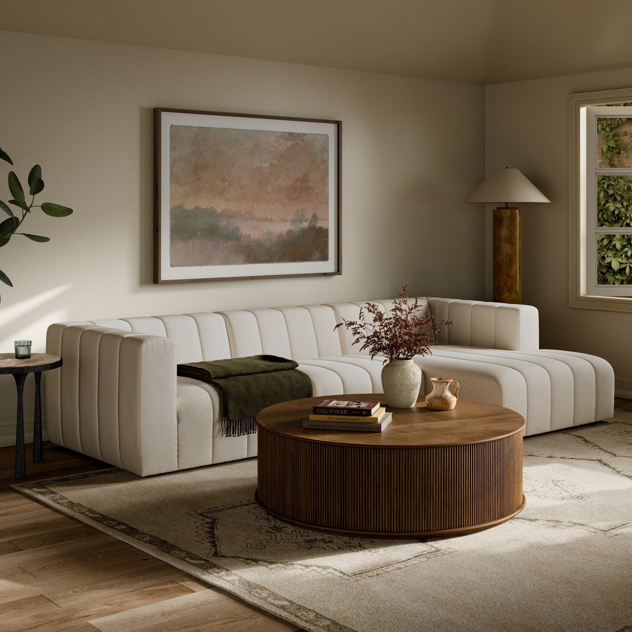 Four Hands Langham Channeled Crypton Nomad Snow 3 Piece Sectional Sofa in a styled room setting