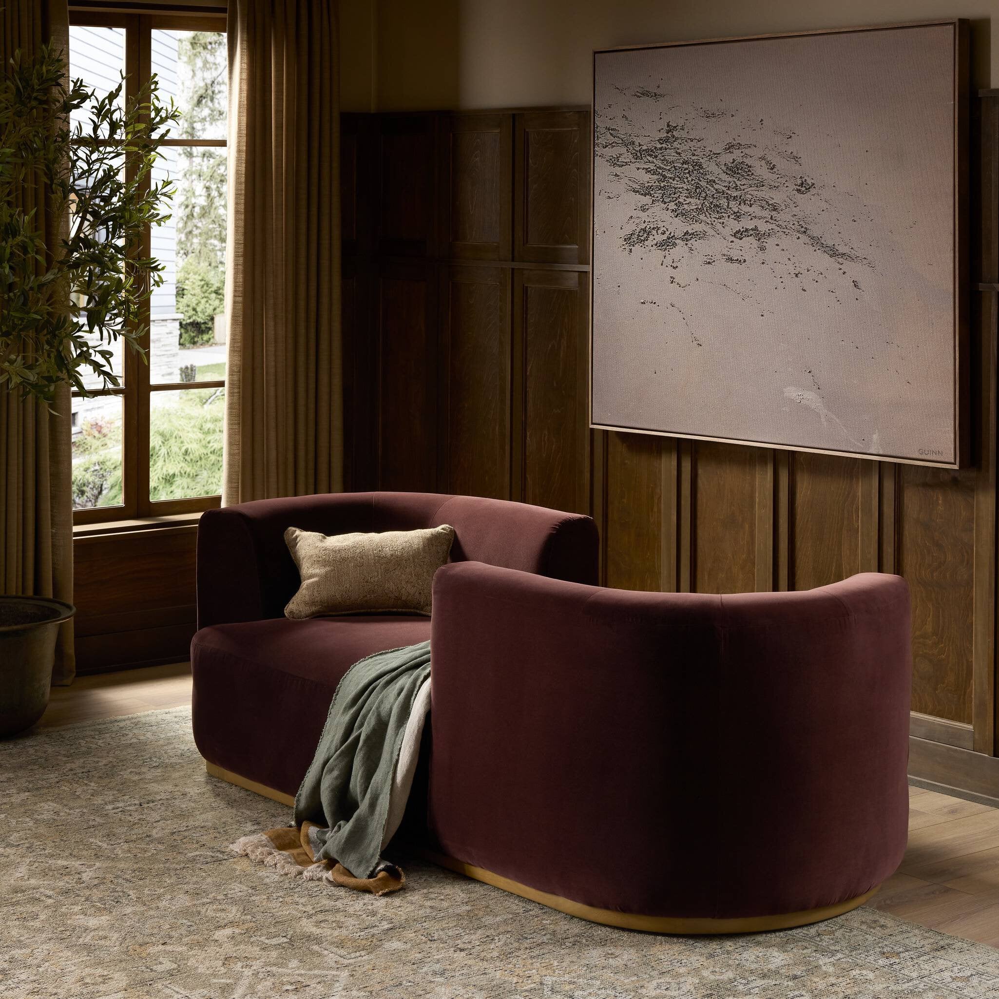 Four Hands Deandra Surrey Plum Tete A Tete Chaise styled room setting