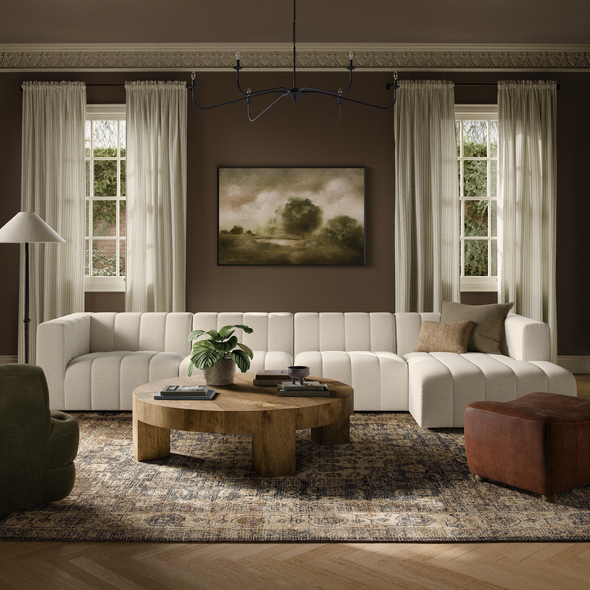 Four Hands Langham Channeled Crypton Nomad Snow 4 Piece Sectional Sofa styled room setting